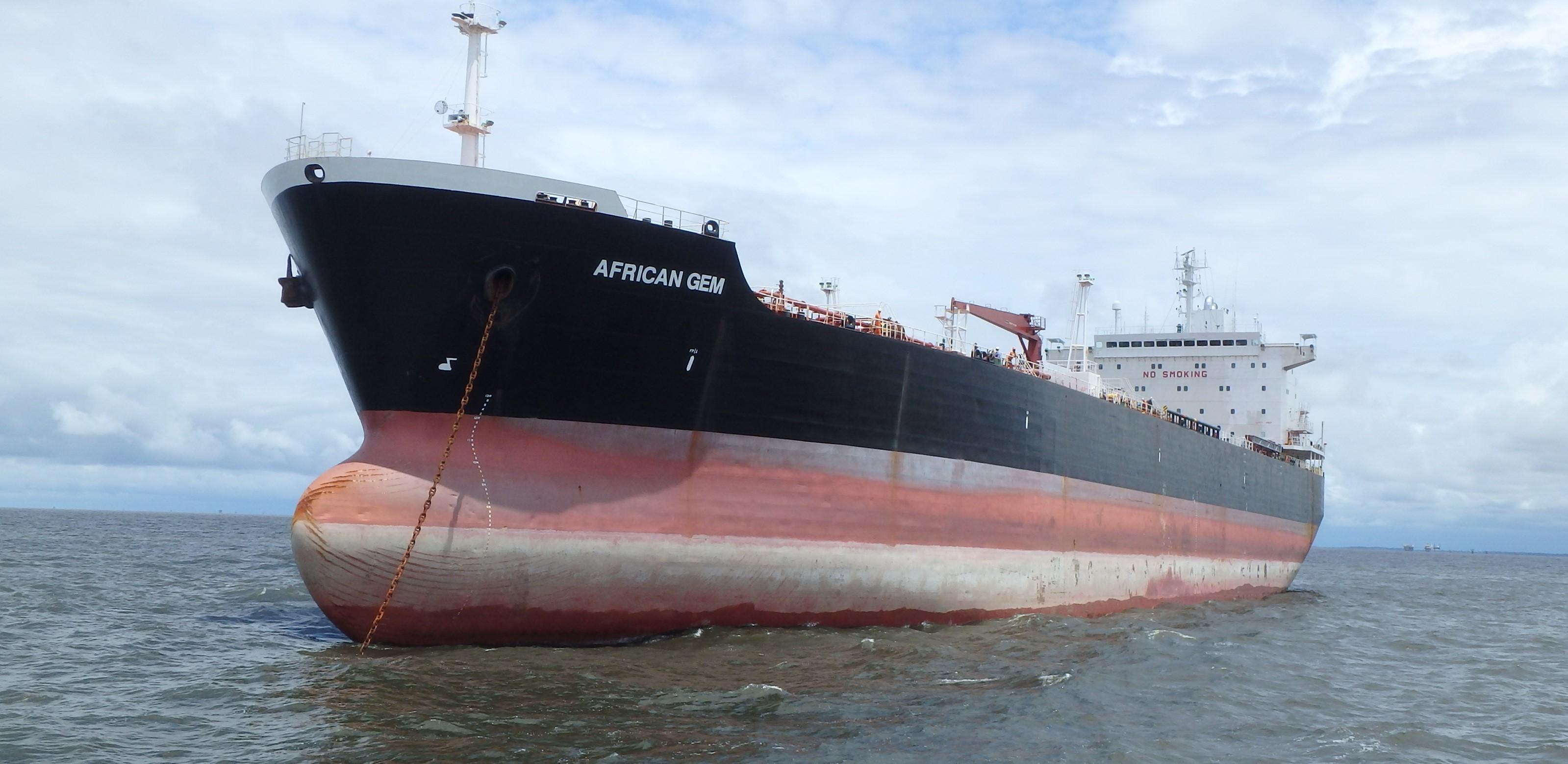 Bow of the tanker African Gem at anchor